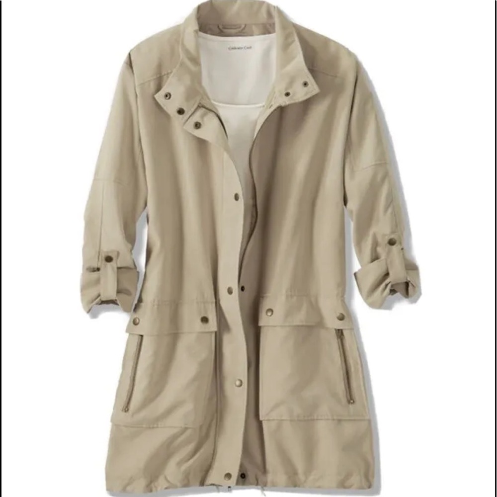 Coldwater creek Modern Tan Microfiber Trench Coat Jacket Womens  Size Large